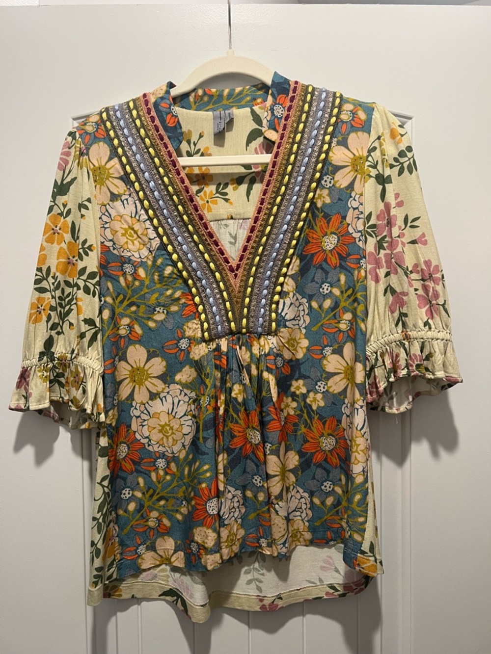 Anthropologie Floral Mixed-Print V-Neck Peasant Top in Cream, Blue, Orange